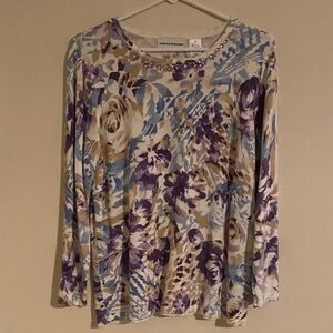 Alfred Dunner Purple and Blue Floral Long Sleeve, ribbed Top